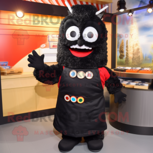 Black Sushi mascot costume character dressed with a Overalls and Brooches