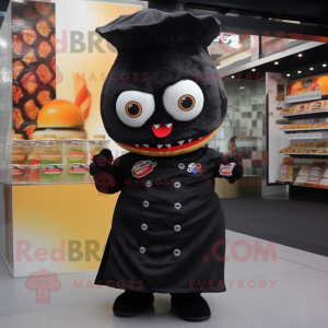 Black Sushi mascot costume character dressed with a Overalls and Brooches