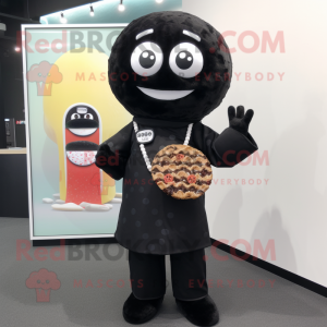 Black Sushi mascot costume character dressed with a Overalls and Brooches