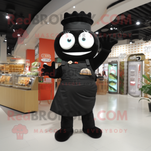 Black Sushi mascot costume character dressed with a Overalls and Brooches