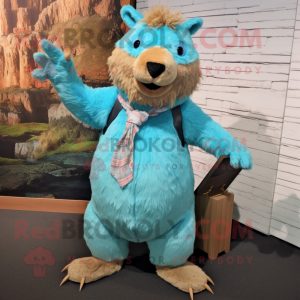 Turquoise Beaver mascot costume character dressed with a Chambray Shirt and Hairpins
