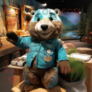 Turquoise Beaver mascot costume character dressed with a Chambray Shirt and Hairpins