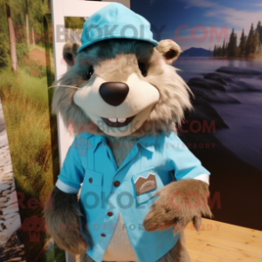 Turquoise Beaver mascot costume character dressed with a Chambray Shirt and Hairpins