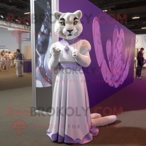 Lavender Mountain Lion mascot costume character dressed with a Evening Gown and Smartwatches