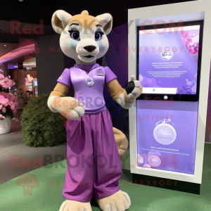 Lavender Mountain Lion mascot costume character dressed with a Evening Gown and Smartwatches