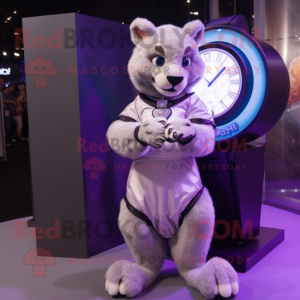 Lavender Mountain Lion mascot costume character dressed with a Evening Gown and Smartwatches