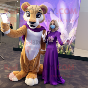 Lavender Mountain Lion mascot costume character dressed with a Evening Gown and Smartwatches