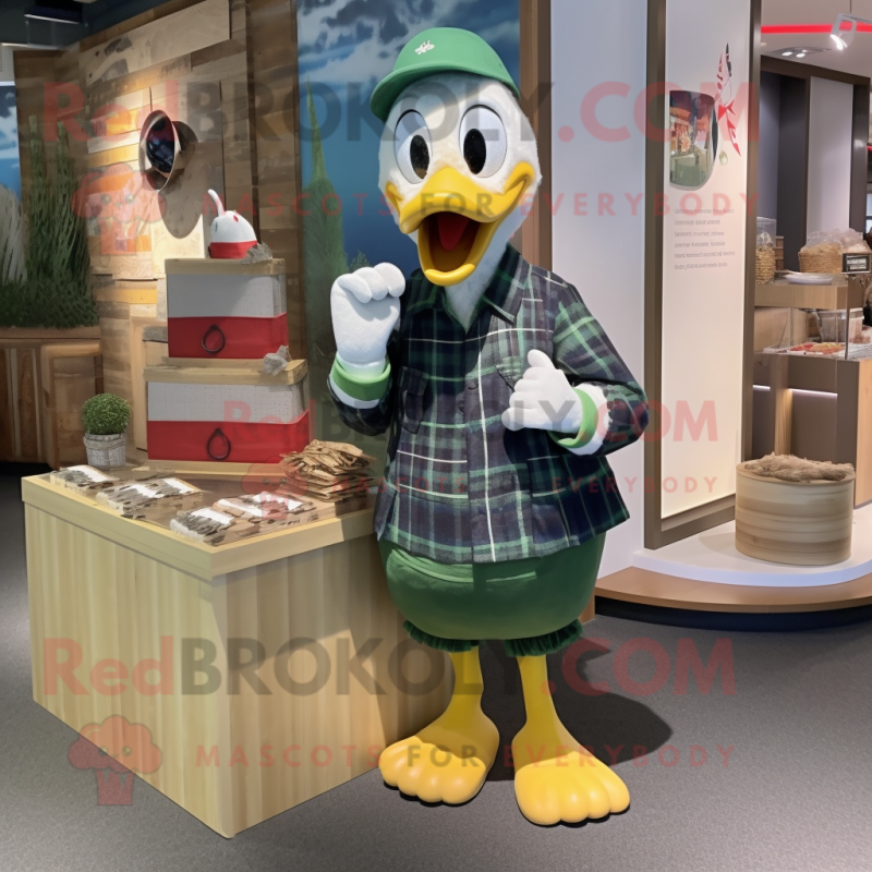 Olive Swans mascot costume character dressed with a Flannel Shirt and Coin purses Olive Swans mascot costume character dressed with a Flannel Shirt and Coin purses