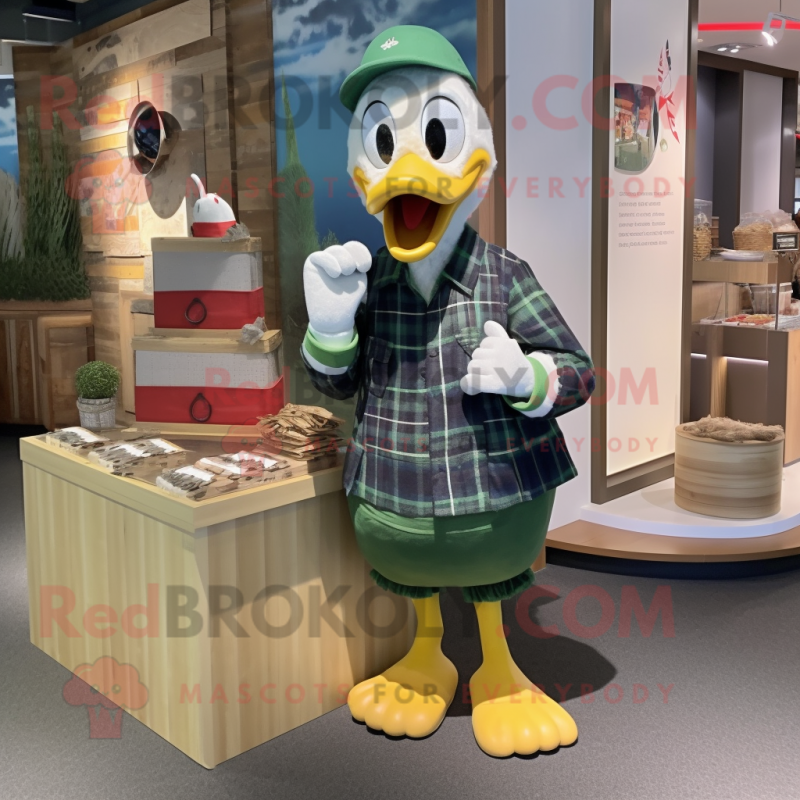 Olive Swans mascot costume character dressed with a Flannel Shirt and Coin purses