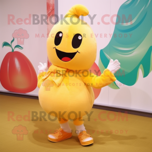 Peach Banana mascot costume character dressed with a Culottes and Shoe laces