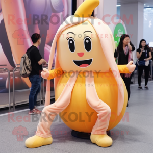 Peach Banana mascot costume character dressed with a Culottes and Shoe laces