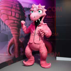 Pink Hydra mascot costume character dressed with a Leather Jacket and Cufflinks