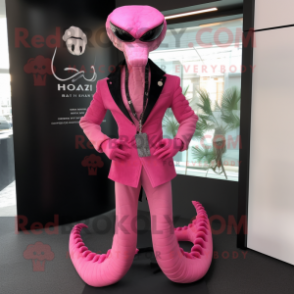 Pink Hydra mascot costume character dressed with a Leather Jacket and Cufflinks