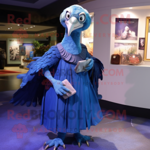 Blue Vulture mascot costume character dressed with a Empire Waist Dress and Coin purses