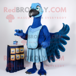 Blue Vulture mascot costume character dressed with a Empire Waist Dress and Coin purses