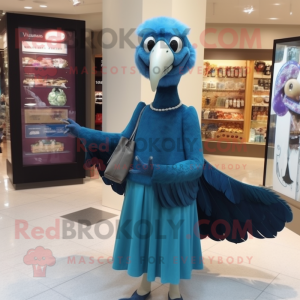 Blue Vulture mascot costume character dressed with a Empire Waist Dress and Coin purses