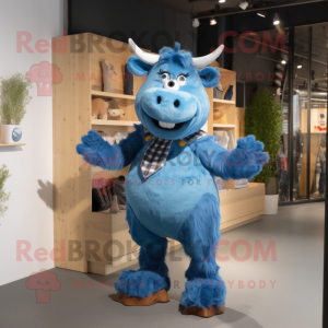 Blue Bull mascot costume character dressed with a Dungarees and Earrings