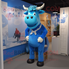 Blue Bull mascot costume character dressed with a Dungarees and Earrings