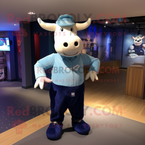 Blue Bull mascot costume character dressed with a Dungarees and Earrings