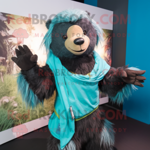 Teal Sloth Bear mascot costume character dressed with a Dungarees and Shawls