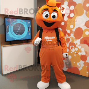 Orange Tikka Masala mascot costume character dressed with a Dungarees and Digital watches