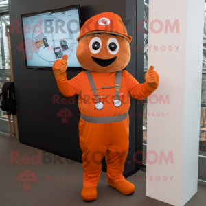 Orange Tikka Masala mascot costume character dressed with a Dungarees and Digital watches