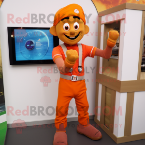 Orange Tikka Masala mascot costume character dressed with a Dungarees and Digital watches