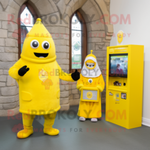 Yellow Irish Castle mascot costume character dressed with a Hoodie and Coin purses