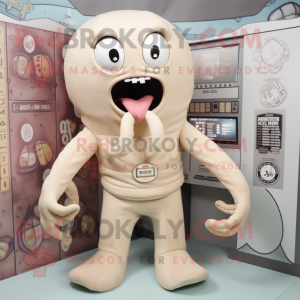 Beige Kraken mascot costume character dressed with a Romper and Lapel pins