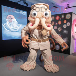 Beige Kraken mascot costume character dressed with a Romper and Lapel pins