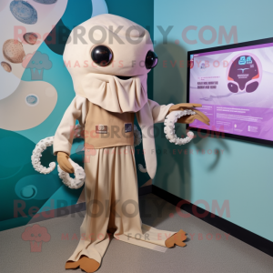 Beige Kraken mascot costume character dressed with a Romper and Lapel pins