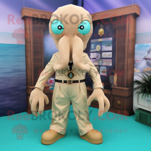 Beige Kraken mascot costume character dressed with a Romper and Lapel pins