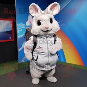 White Chinchilla mascot costume character dressed with a Windbreaker and Backpacks