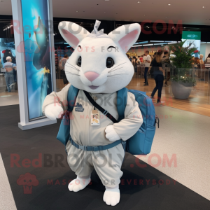 White Chinchilla mascot costume character dressed with a Windbreaker and Backpacks