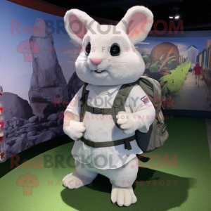 White Chinchilla mascot costume character dressed with a Windbreaker and Backpacks