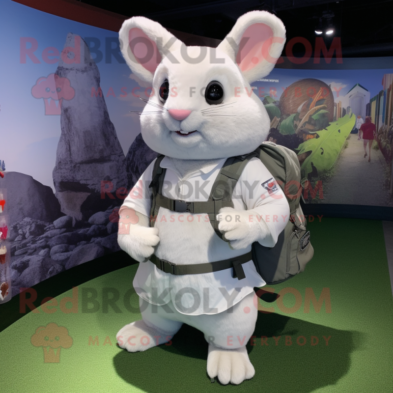 White Chinchilla mascot costume character dressed with a Windbreaker and Backpacks White Chinchilla mascot costume character dressed with a Windbreaker and Backpacks
