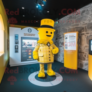 Yellow Irish Castle mascot costume character dressed with a T-Shirt and Berets
