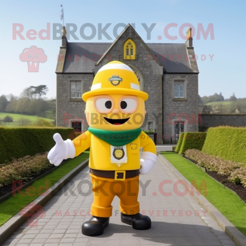Yellow Irish Castle mascot costume character dressed with a T-Shirt and Berets Yellow Irish Castle mascot costume character dressed with a T-Shirt and Berets