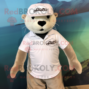White Otter mascot costume character dressed with a Polo Shirt and Hats