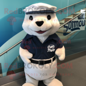 White Otter mascot costume character dressed with a Polo Shirt and Hats