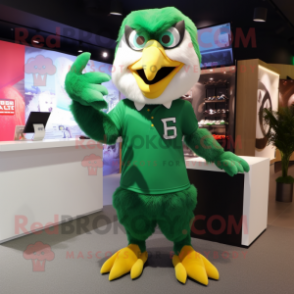 Forest Green Eagle mascot costume character dressed with a T-Shirt and Earrings