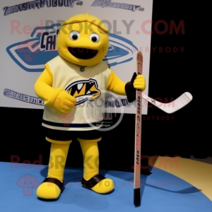 Lemon Yellow Ice Hockey Stick mascot costume character dressed with a Dress Pants and Bracelet watches