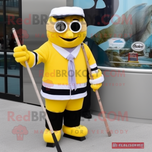 Lemon Yellow Ice Hockey Stick mascot costume character dressed with a Dress Pants and Bracelet watches