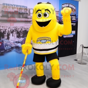 Lemon Yellow Ice Hockey Stick mascot costume character dressed with a Dress Pants and Bracelet watches