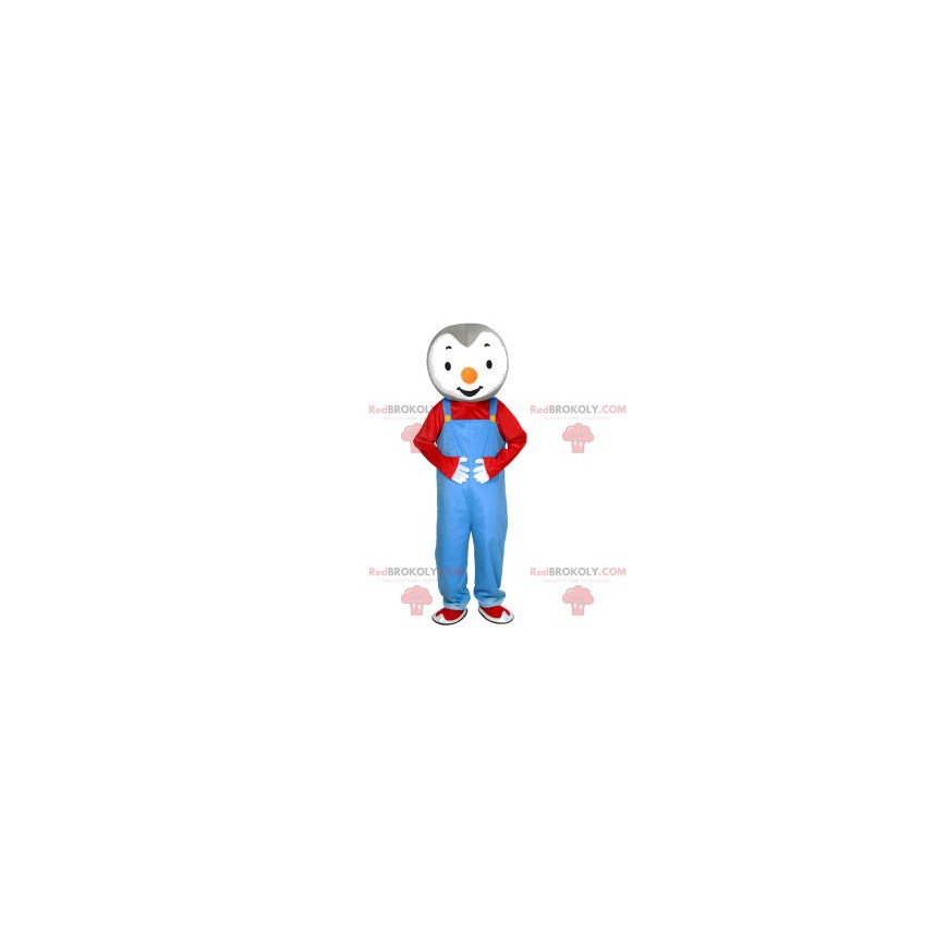 Pequeno mascote de pinguim com macacão azul - Redbrokoly.com