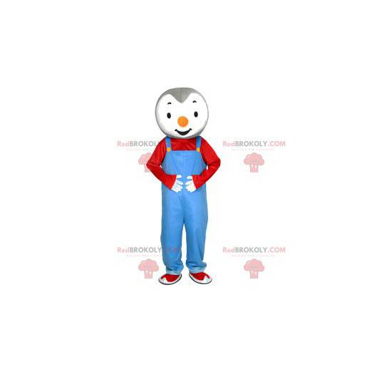 Pequeno mascote de pinguim com macacão azul - Redbrokoly.com