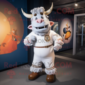 White Minotaur mascot costume character dressed with a Playsuit and Berets