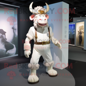 White Minotaur mascot costume character dressed with a Playsuit and Berets