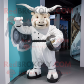 White Minotaur mascot costume character dressed with a Playsuit and Berets