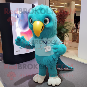 Teal Parrot mascot costume character dressed with a V-Neck Tee and Hair clips